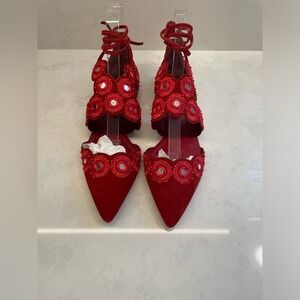 Tory Burch Yasmin d’Orsay Red Embellished Pointed Toe Flats